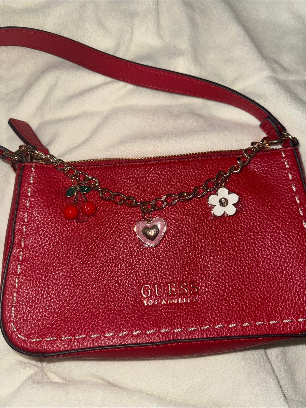 GUESS Red Pebbled Leather Shoulder Bag with Charm Chain